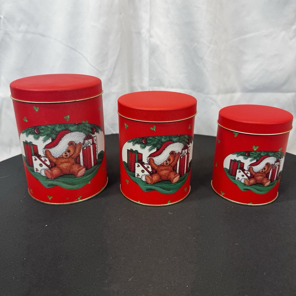 Vintage Christmas Teddy Bear Nesting Tins Set of 3 Red Holiday Cookie Canisters